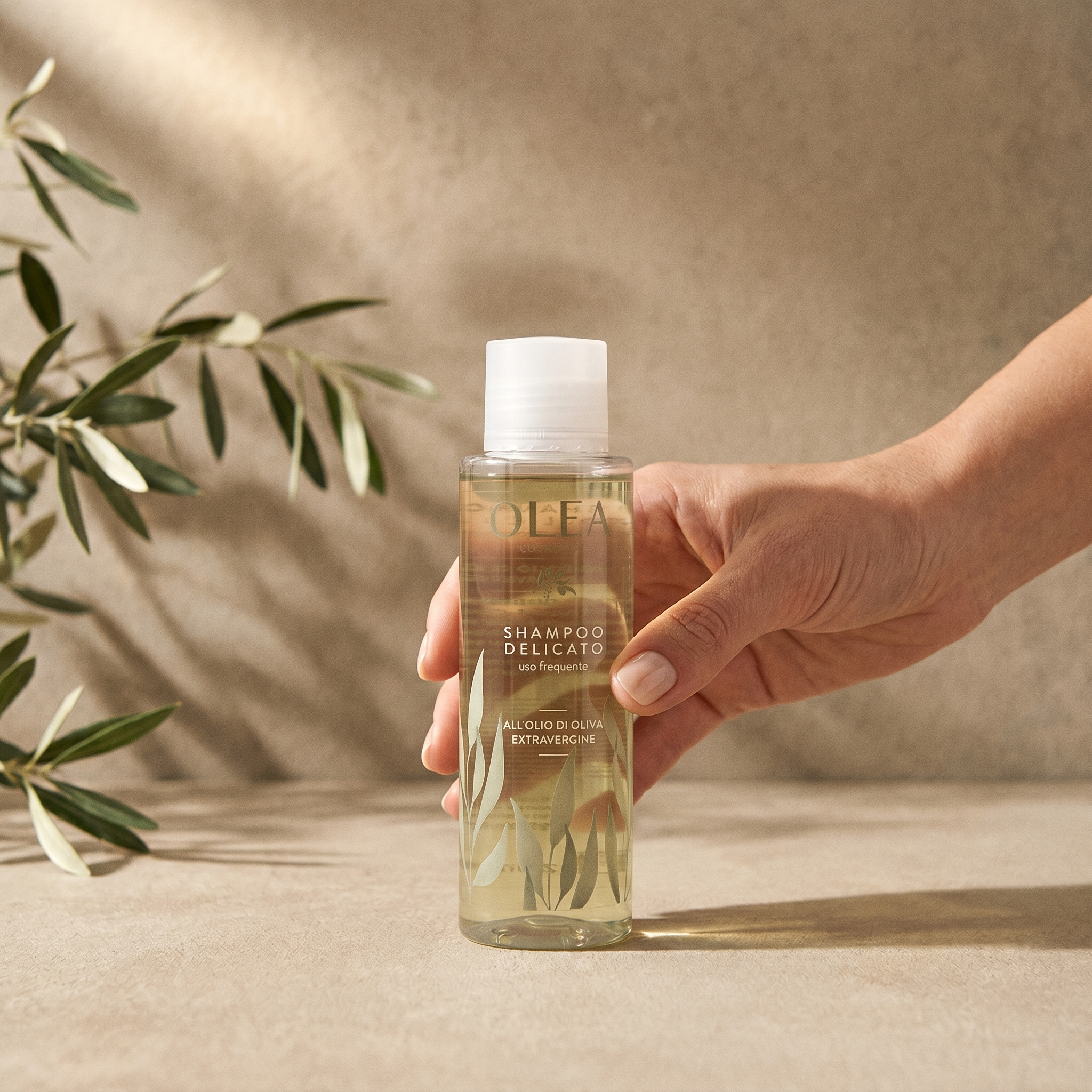 Shampoo delicato Olea Cosmetic tenuto in mano. Oleificio Fratelli Vieste