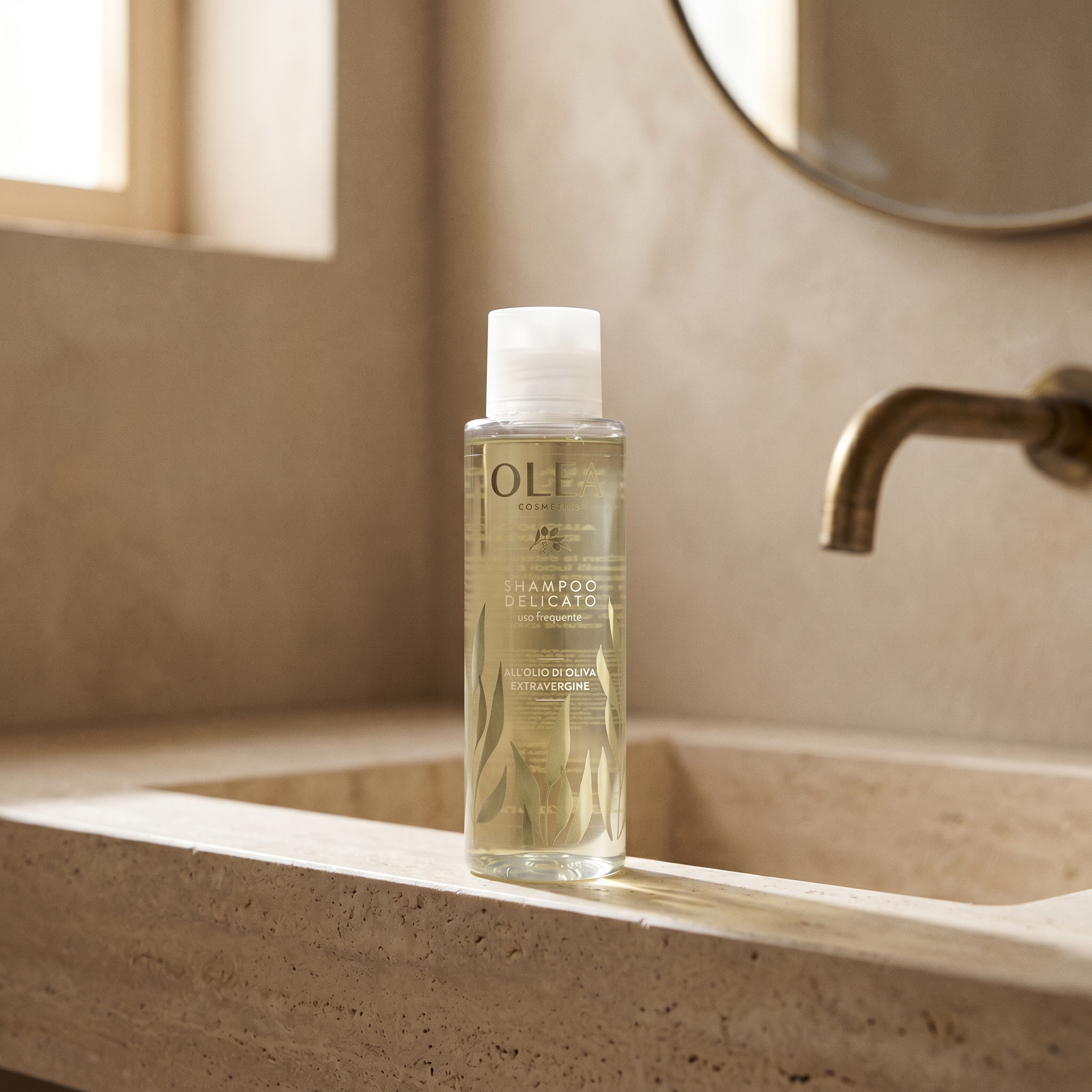 Shampoo delicato Olea Cosmetic, gesto d'uso in ambiente bagno. Oleificio Fratelli Vieste