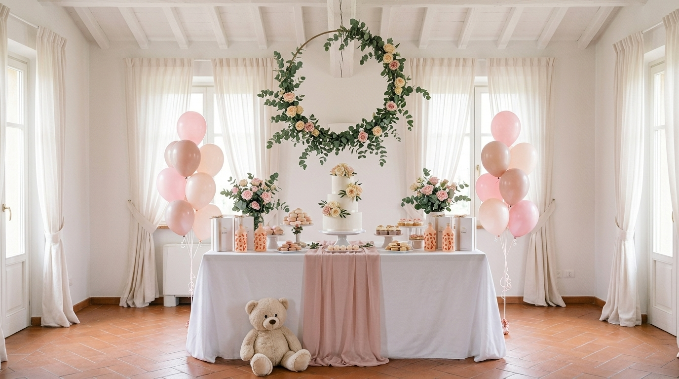 Allestimento per battesimo con palloncini e fiori per bomboniere Oleificio Fratelli Vieste