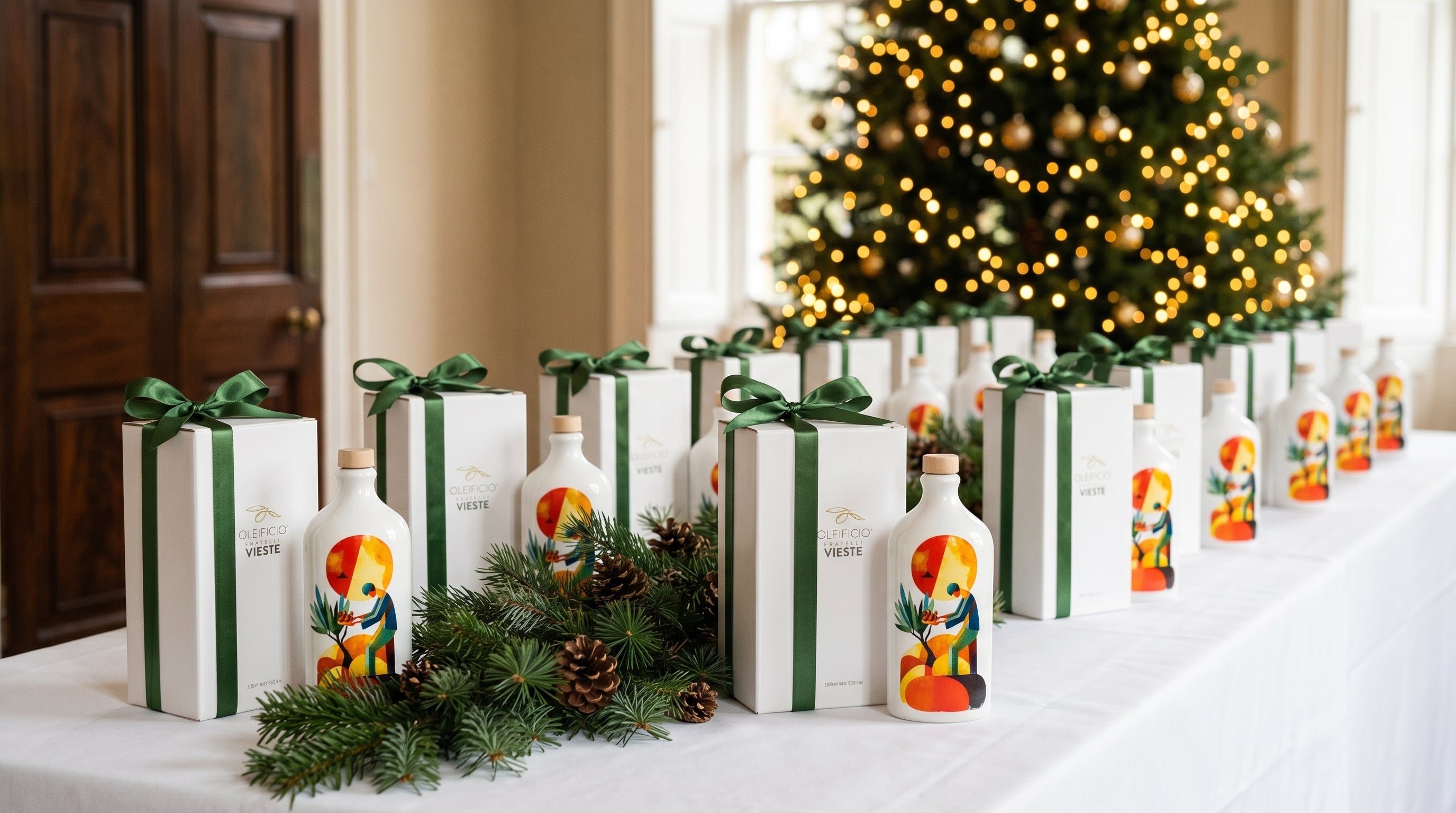 Confezioni regalo e orci decorati Vieste come bomboniere per eventi natalizi. Oleificio Fratelli Vieste