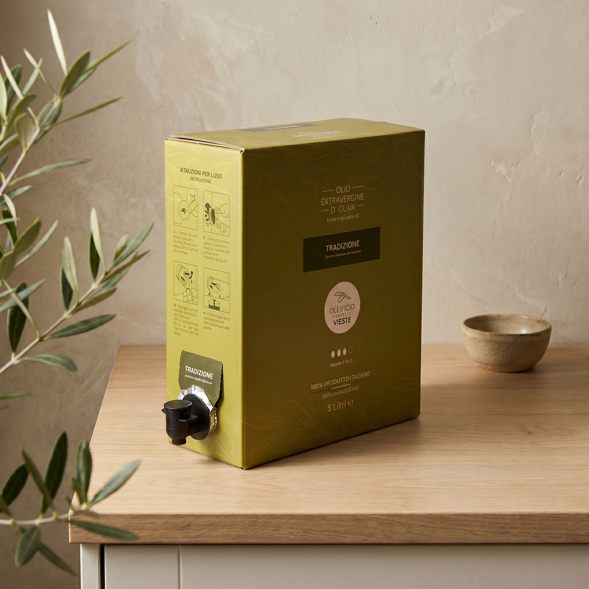 Olio extravergine di oliva versato a mano dalla bag in box 5 L Tradizione. Oleificio Fratelli Vieste