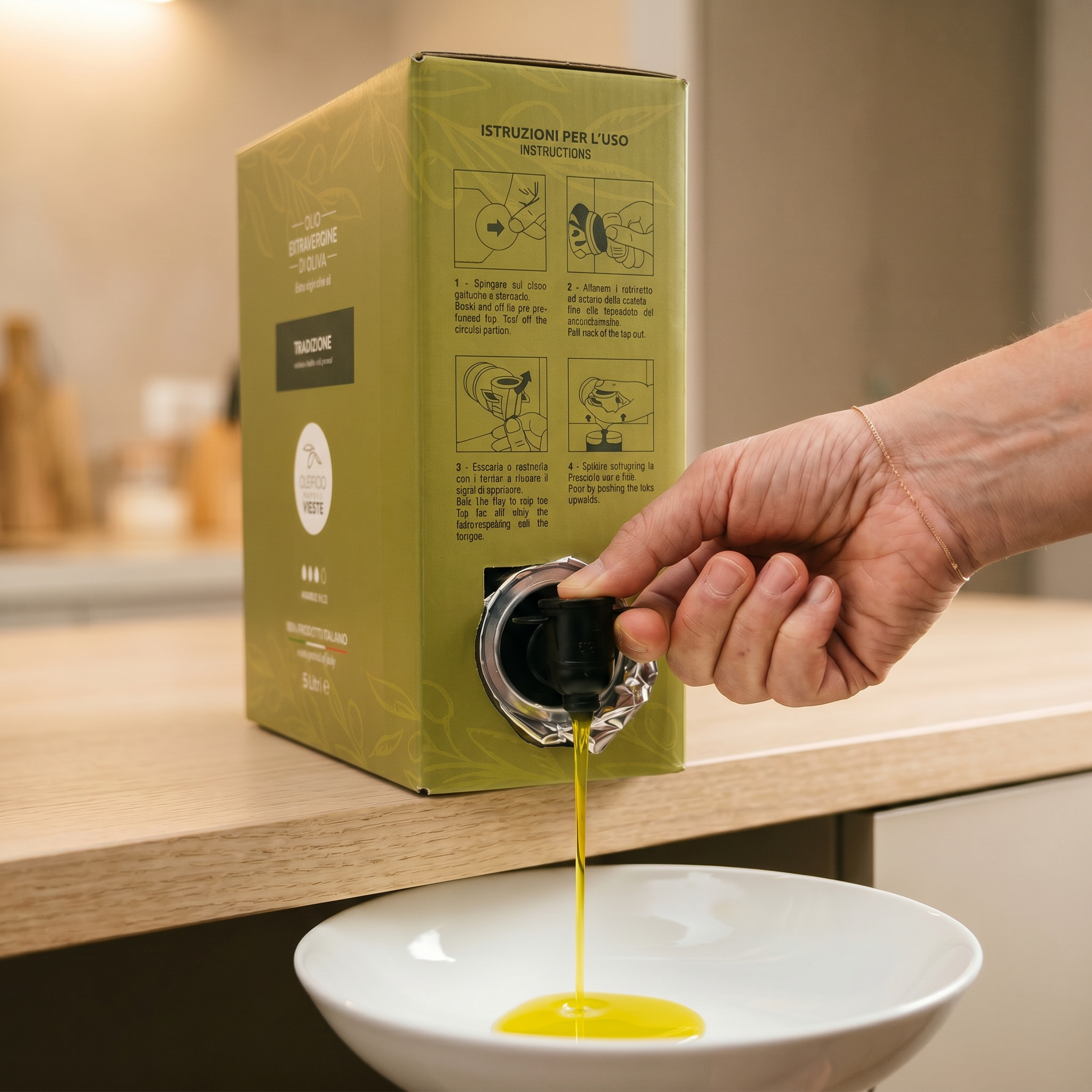 Tradizione bag in box 5 L con olio extravergine in una ricetta della tradizione pugliese. Oleificio Fratelli Vieste