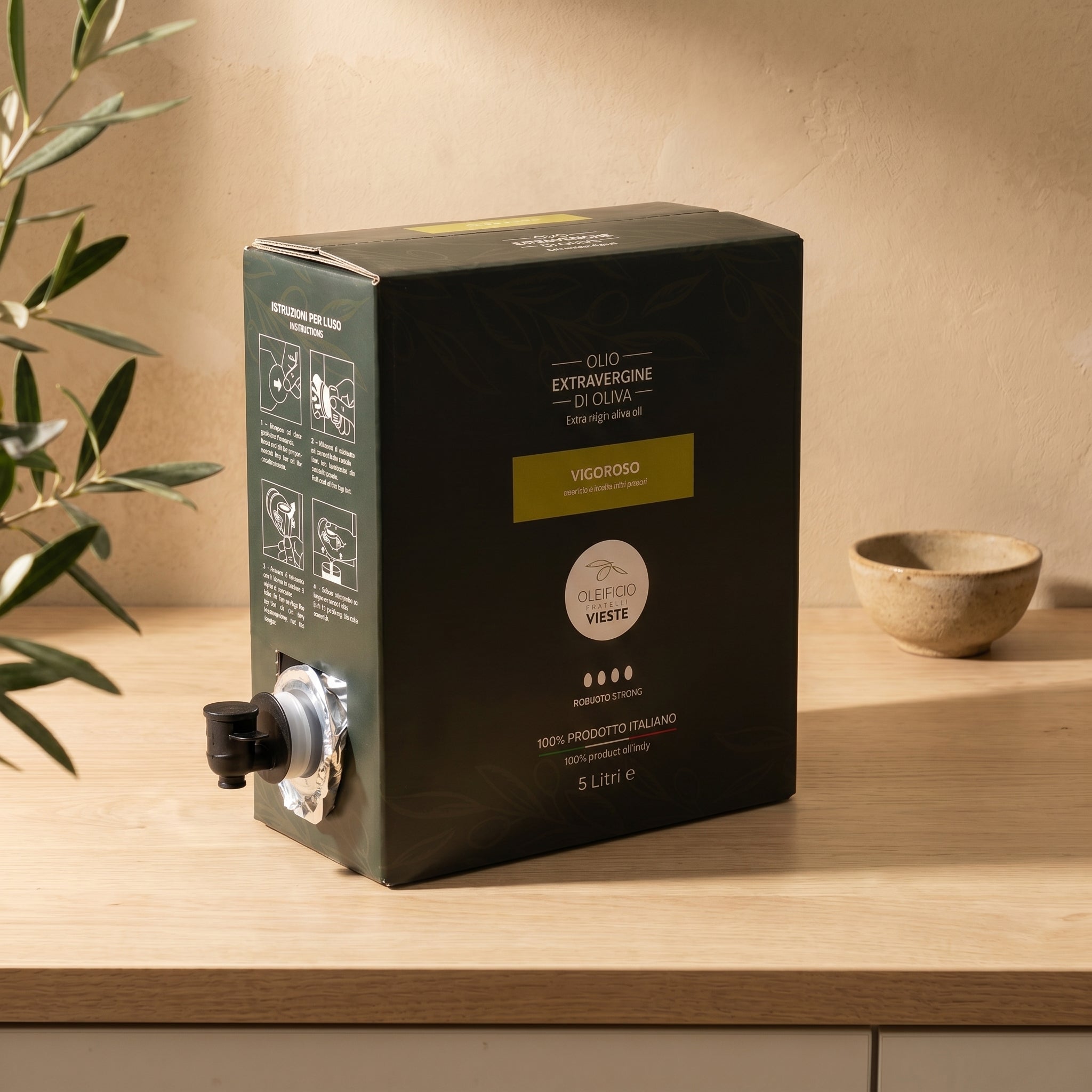 Olio extravergine di oliva versato a mano dalla bag in box 5 L Vigoroso. Oleificio Fratelli Vieste