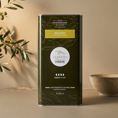 Vigoroso latta 5 L: olio extravergine di oliva, blend di Ogliarola Garganica e Coratina. Oleificio Fratelli Vieste